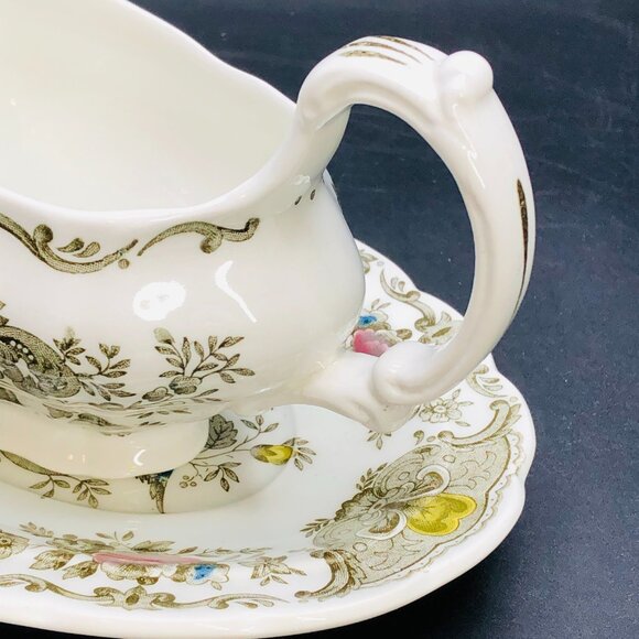 Vintage 60s RIDGWAY England Green Windsor Tapestry Gravy Boat with Underplate - Picture 4 of 10